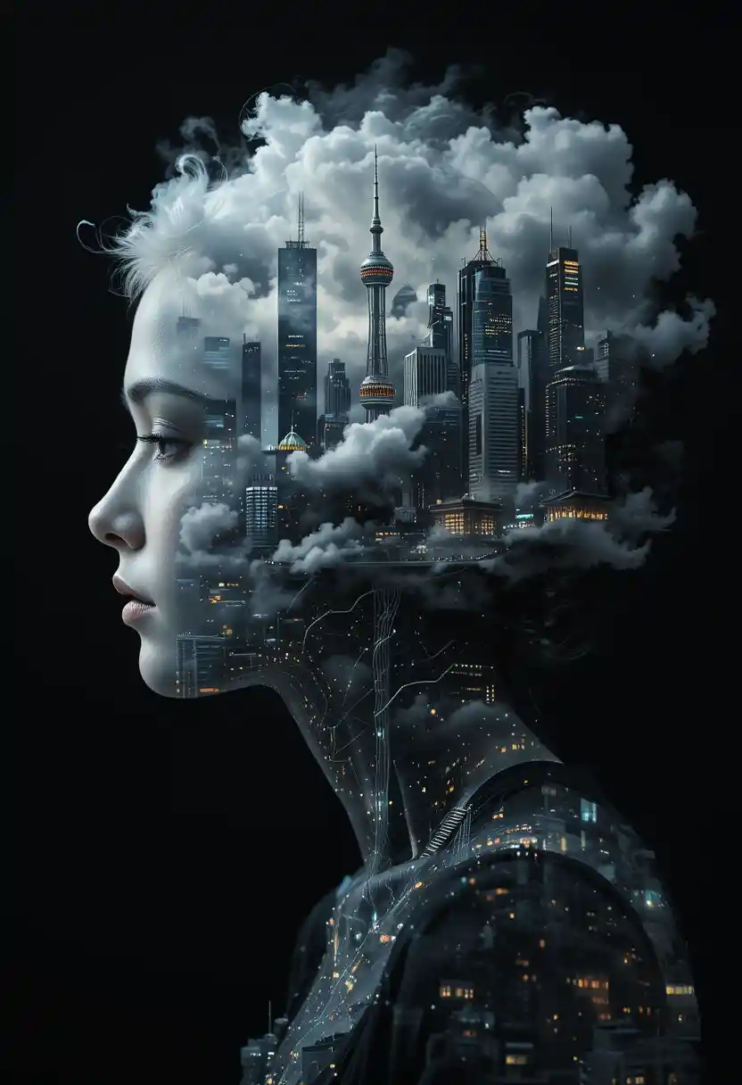 Surreal double exposure woman with Shanghai cityscape mind
