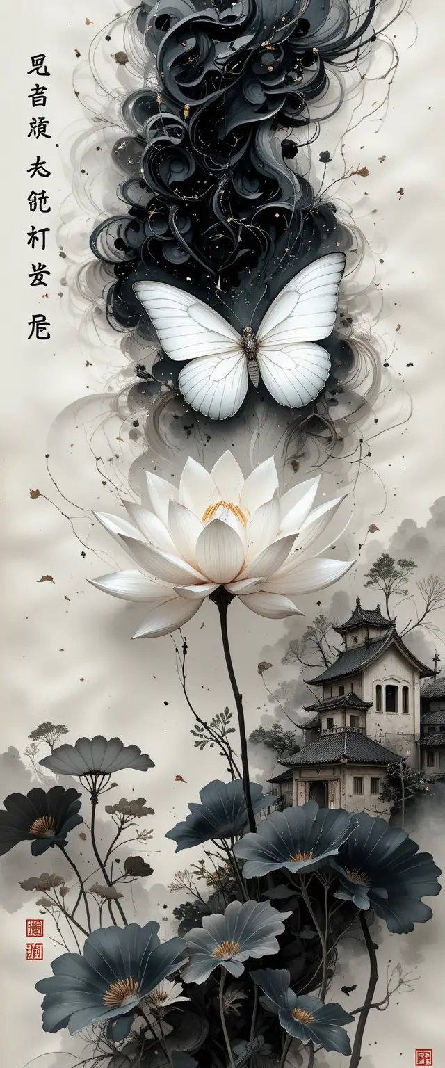 Surreal top view lotus with butterfly on ancient manuscript
