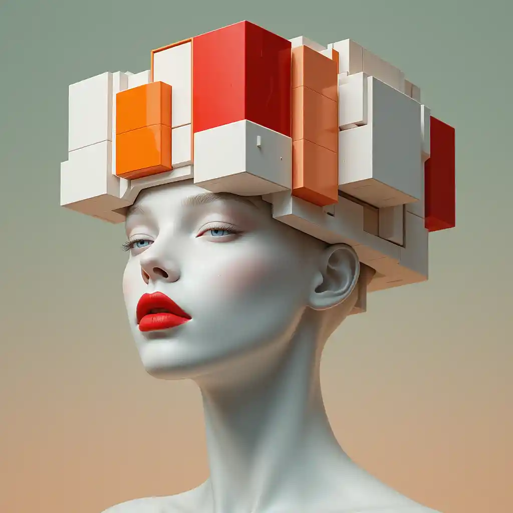 Surreal 3D woman with geometric architectural headpiece