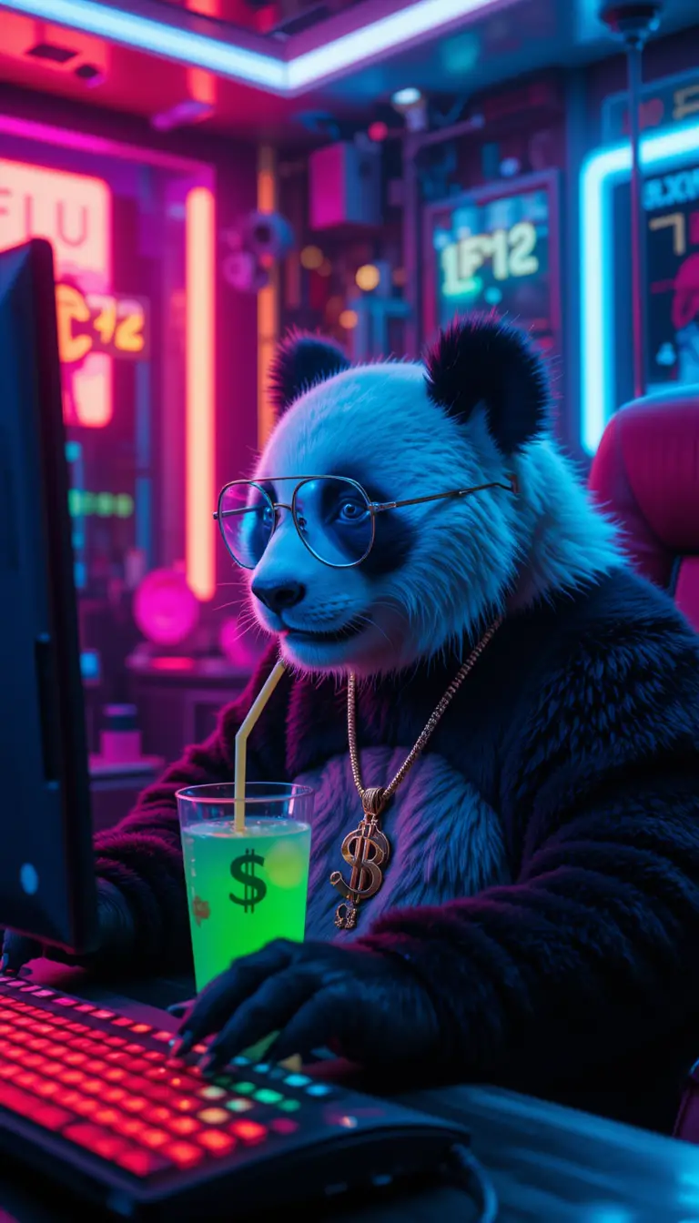 Realistic panda gamer in neon futuristic gaming room