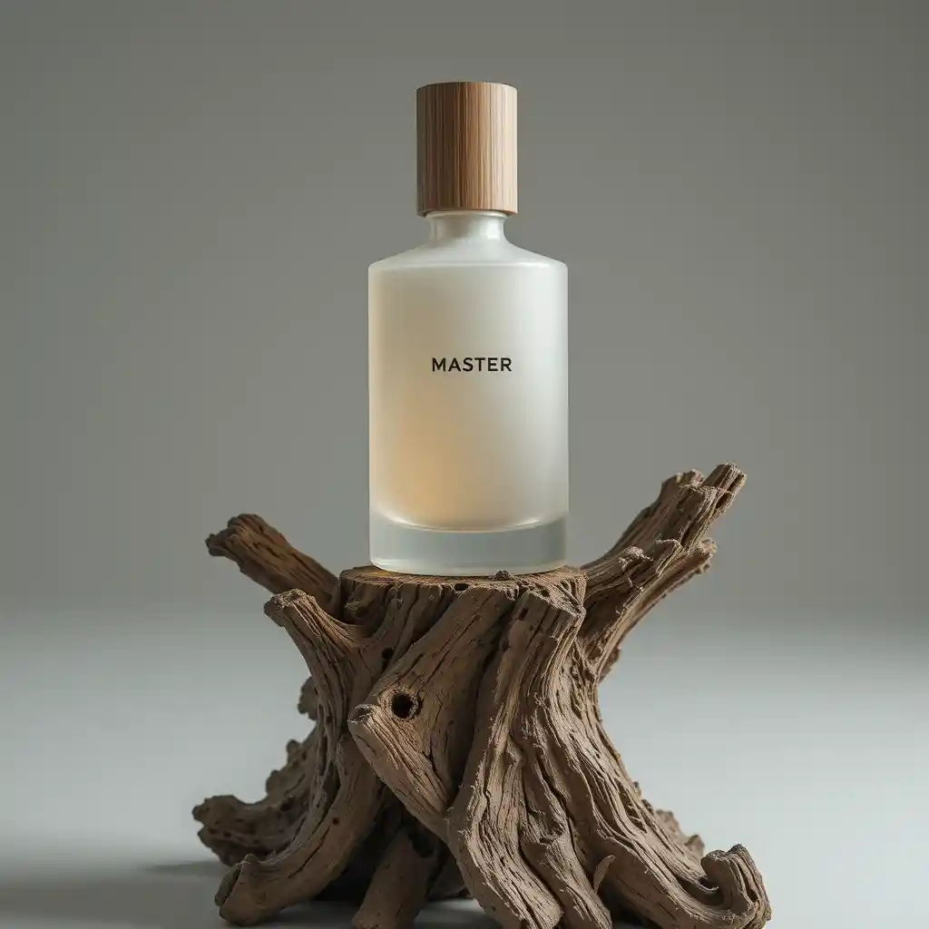 Cinematic close up of a modern perfume bottle on wood