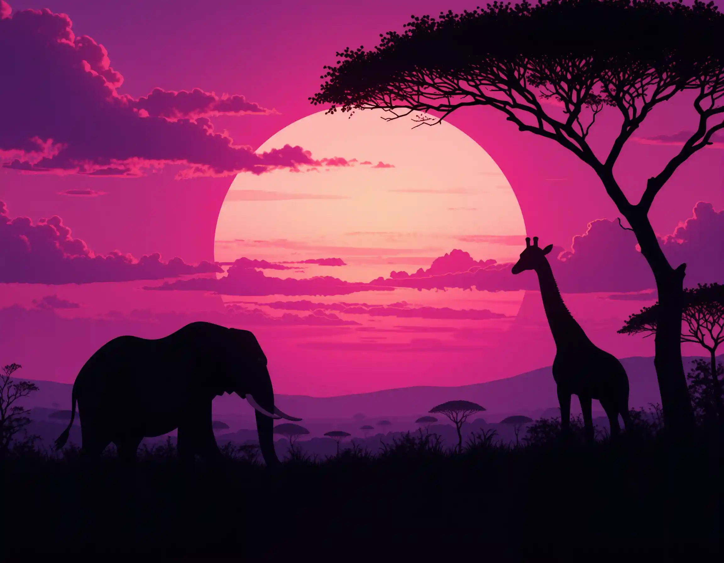 Silhouette di elefante e giraffa a un tramonto africano