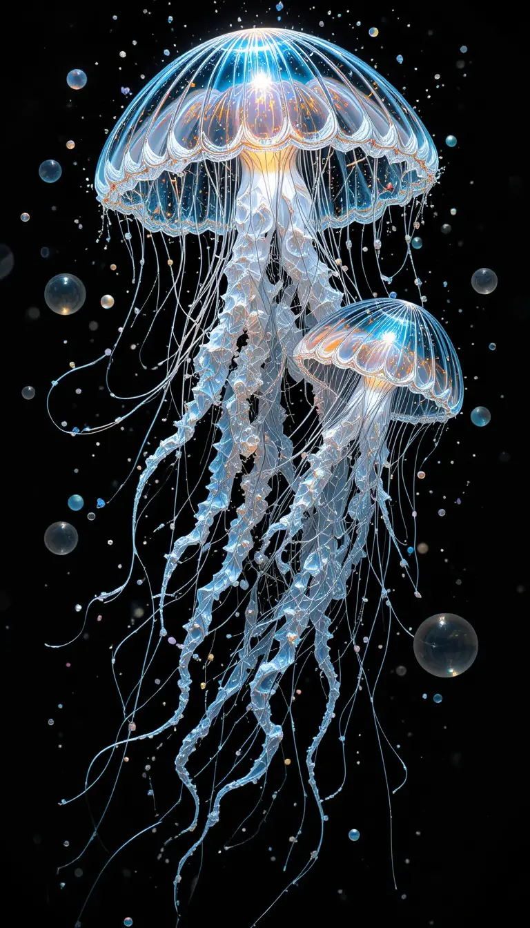 Intricate Ink Sketch Of Iridescent Jellyfish In Ocean