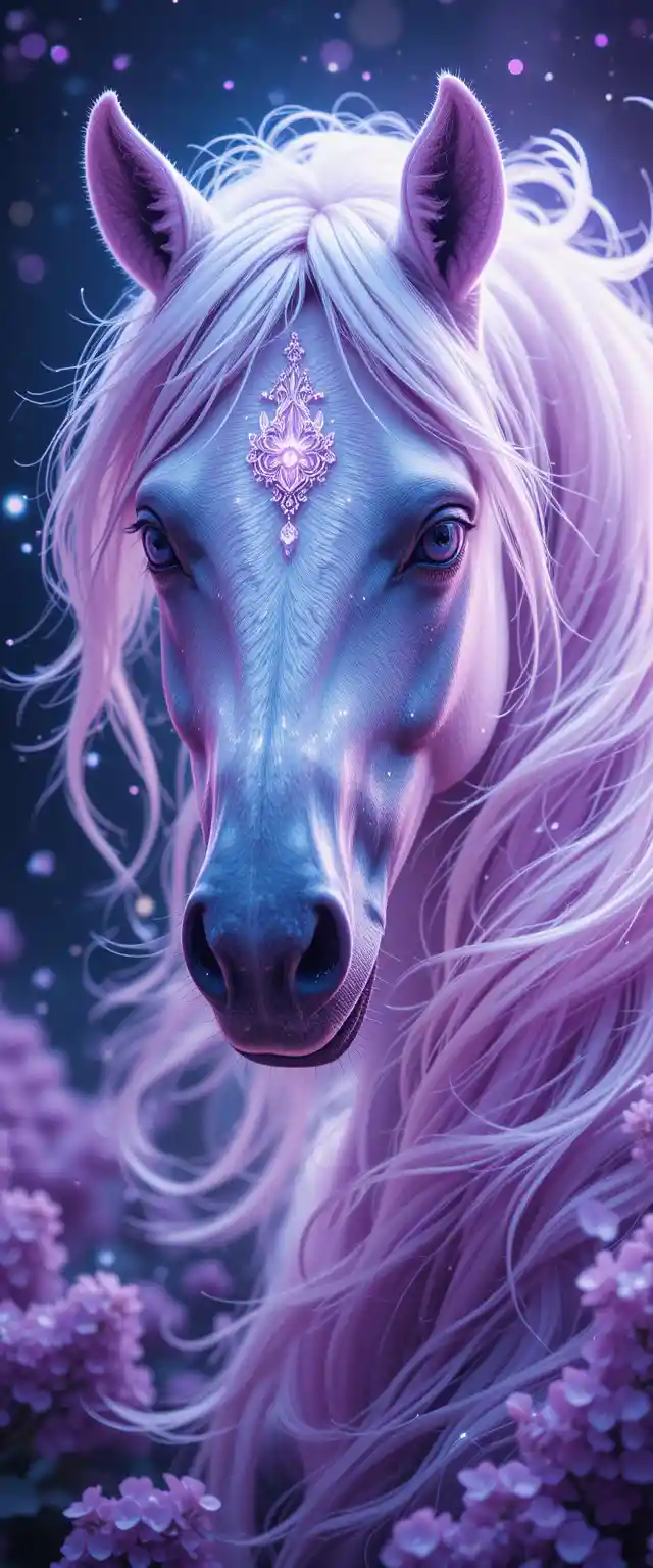 Celestial Neon Horse Portrait With Lilac Flowers