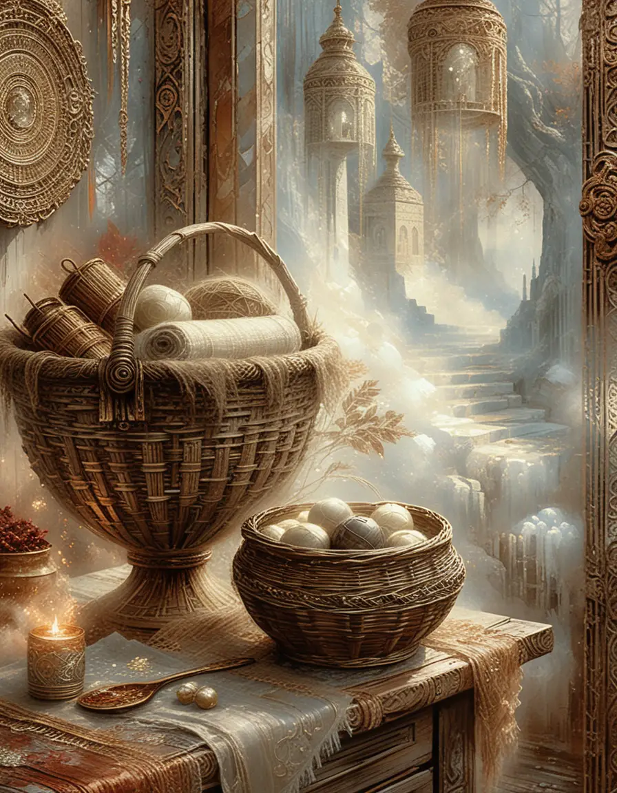 Dusty bamboo baskets on a worktable in a forest shed