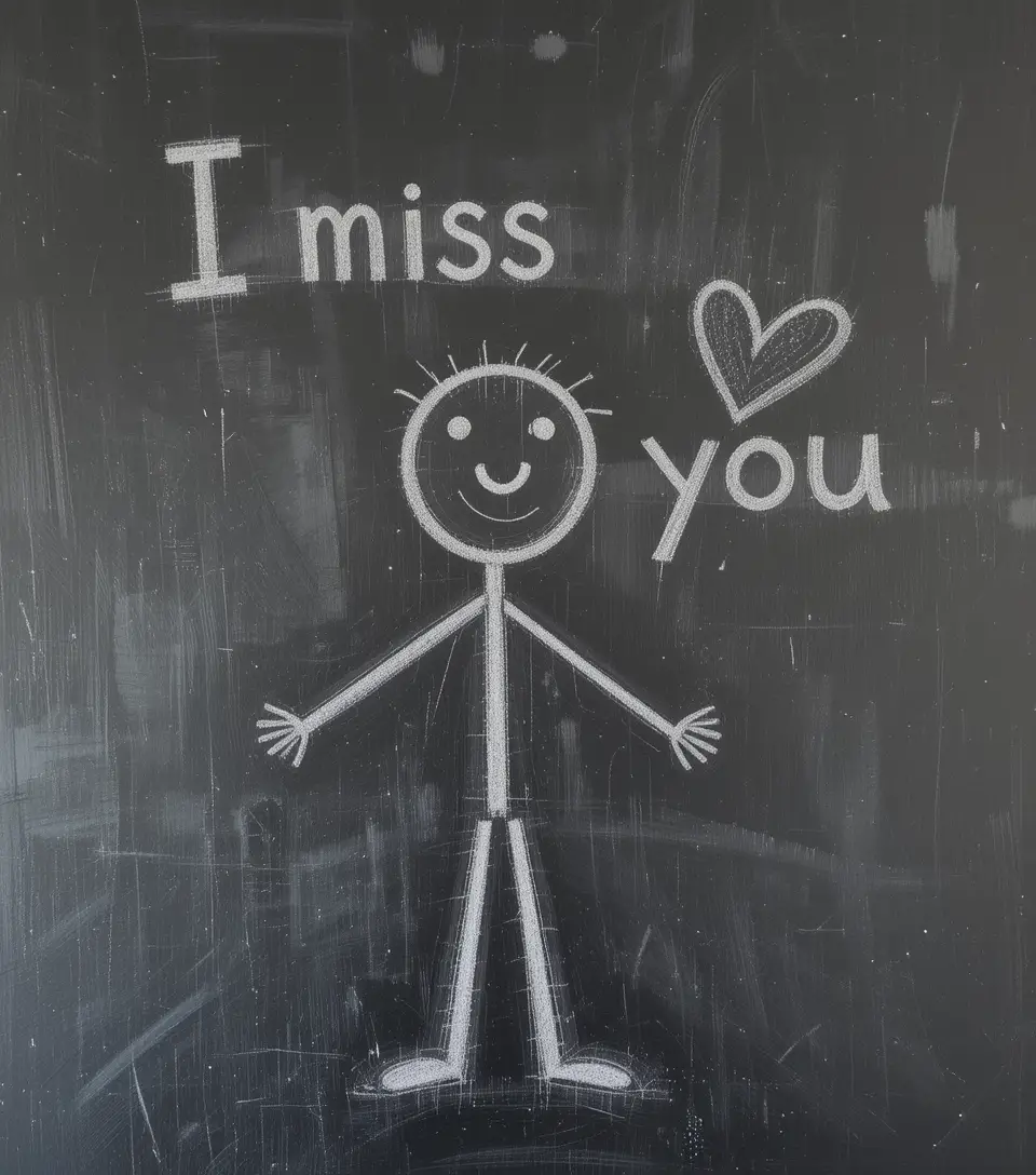 Childlike chalk stick figure with I miss you heart