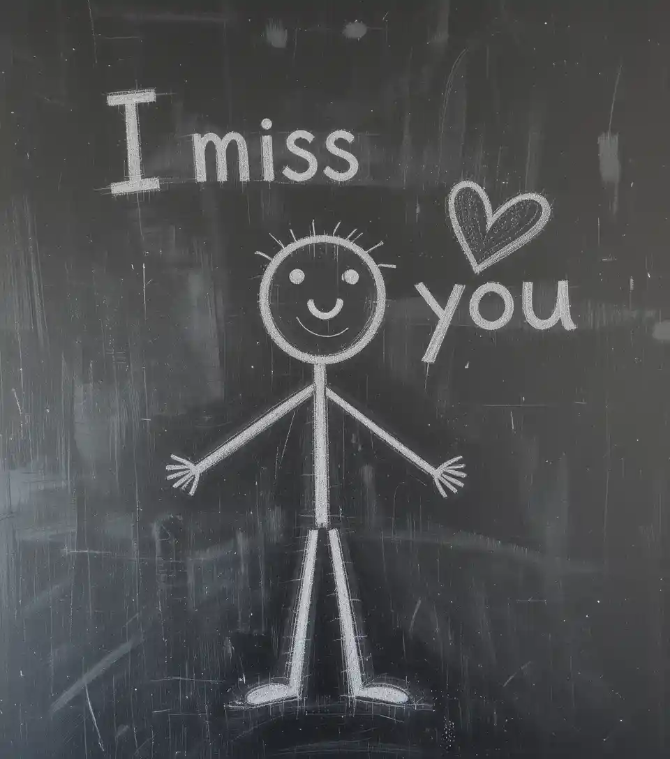 Childlike chalk stick figure with I miss you heart