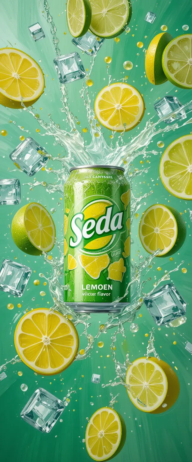 Lemon lime soda can with splashing water and citrus