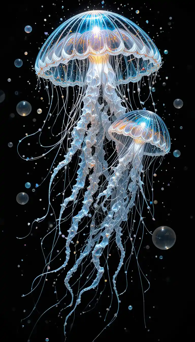 Intricate Ink Sketch Of Iridescent Jellyfish In Ocean