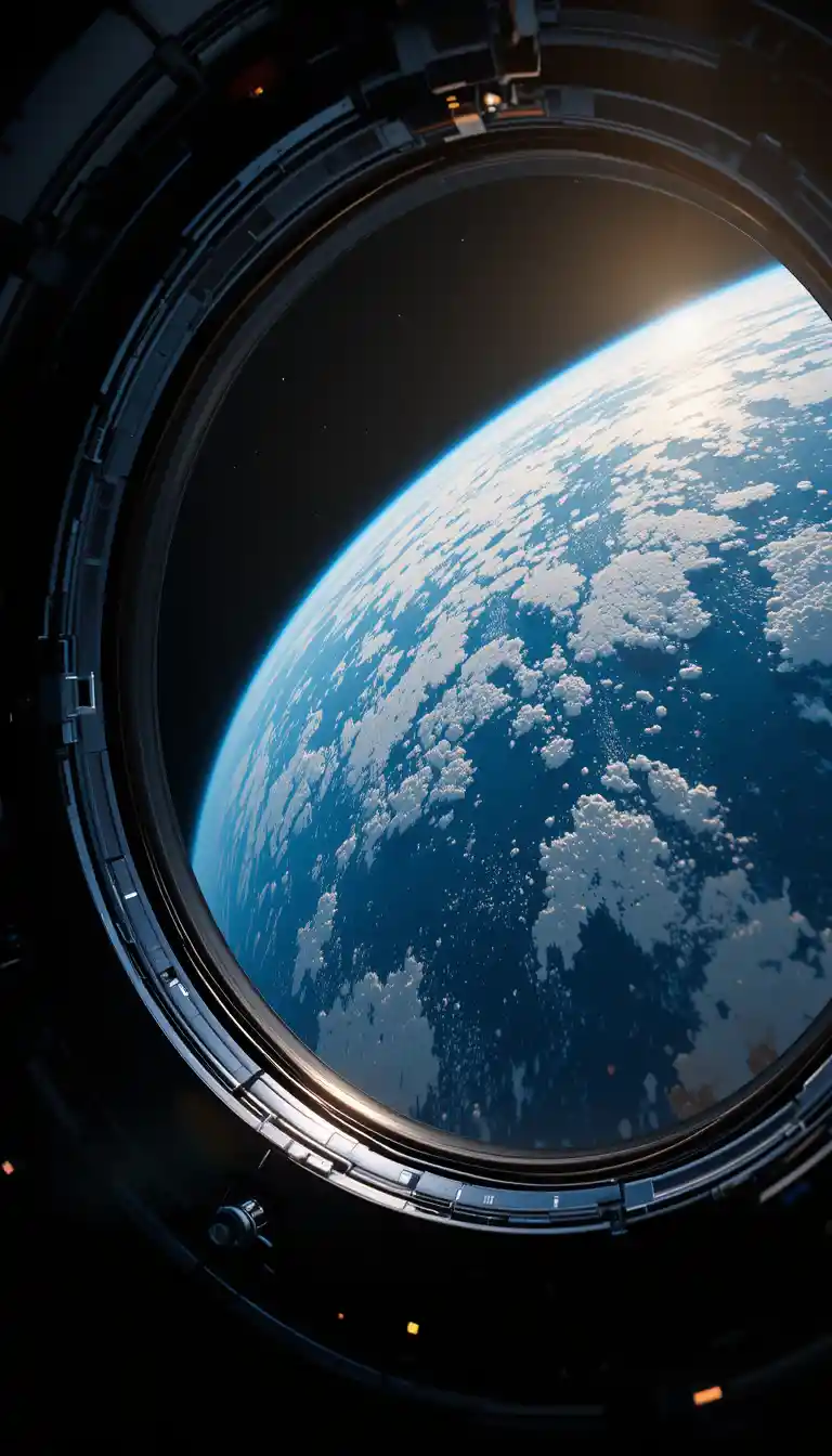 Earth seen through a circular spacecraft window in space