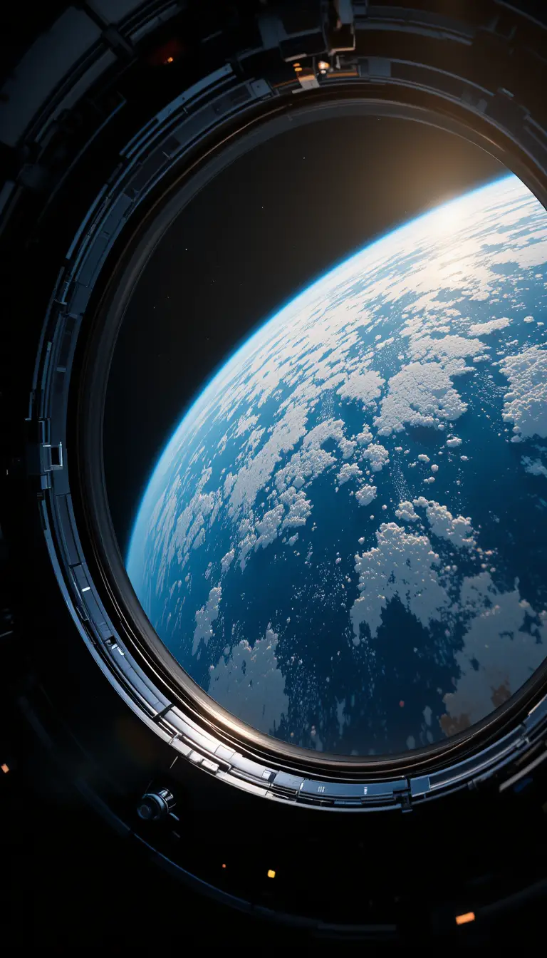 Earth seen through a circular spacecraft window in space