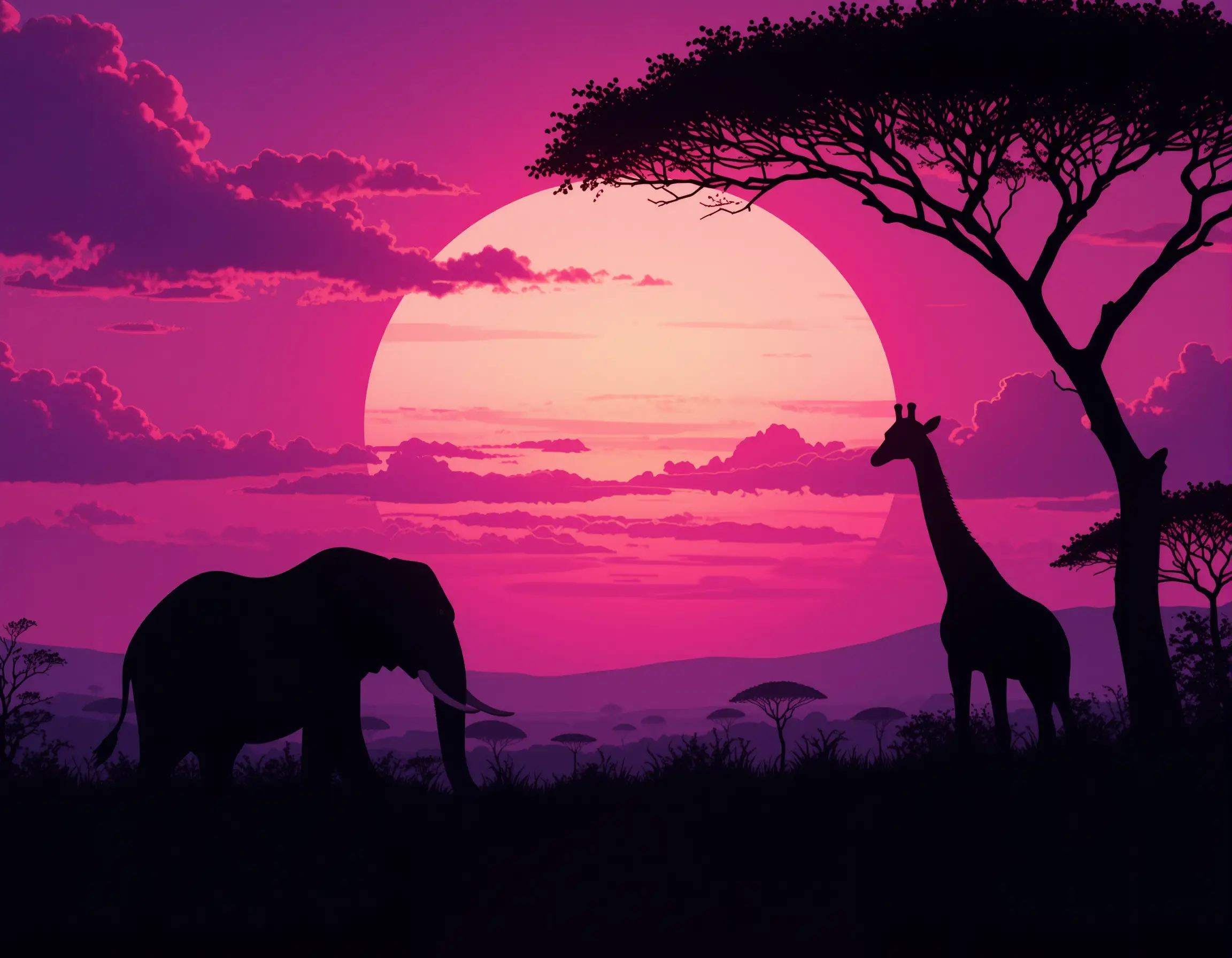 Silhouettes of elephant and giraffe at an african sunset