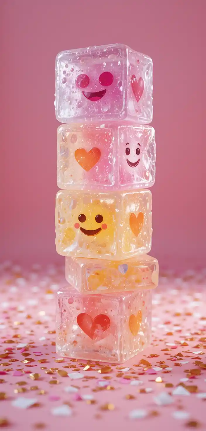 Colorful emoticon ice cubes with hearts on pink background
