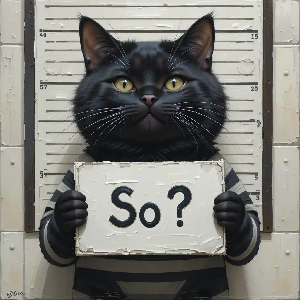 Black cat prisoner holding sign in front of height chart