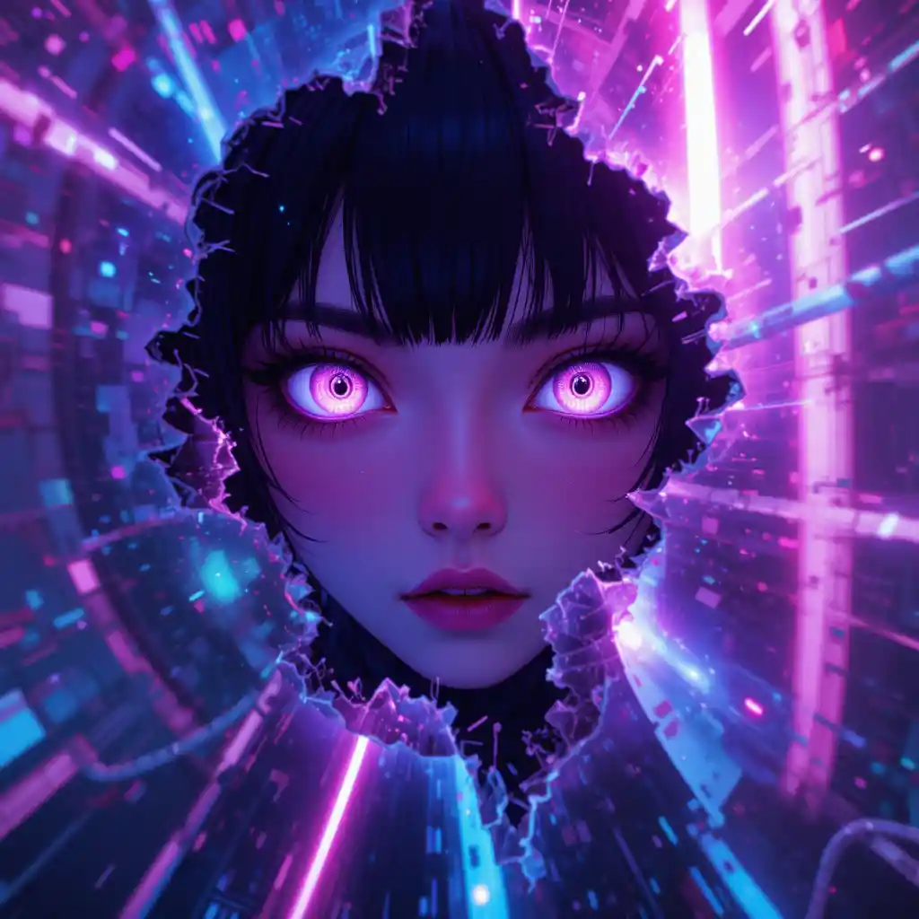Cyberpunk anime eyes in a glowing neon rift