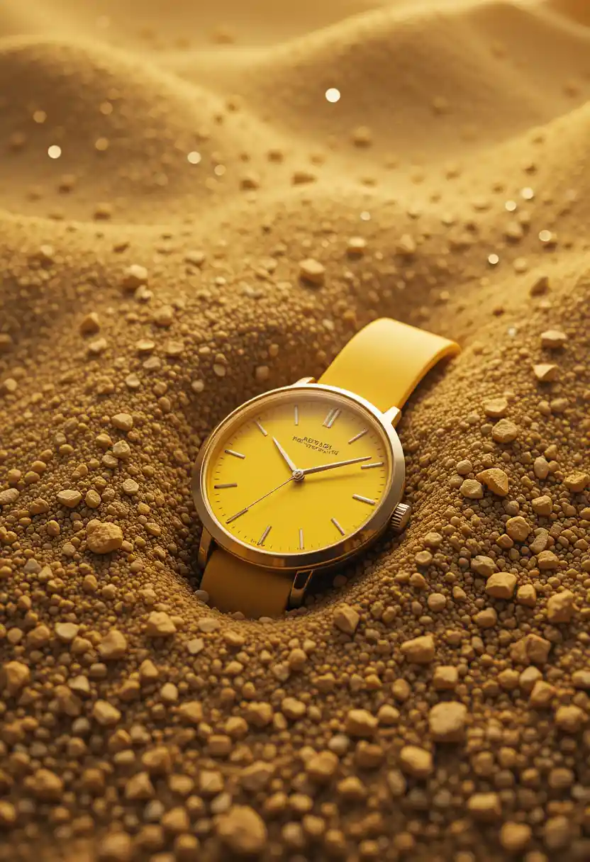 Yellow watch resting in fine dust abstract composition