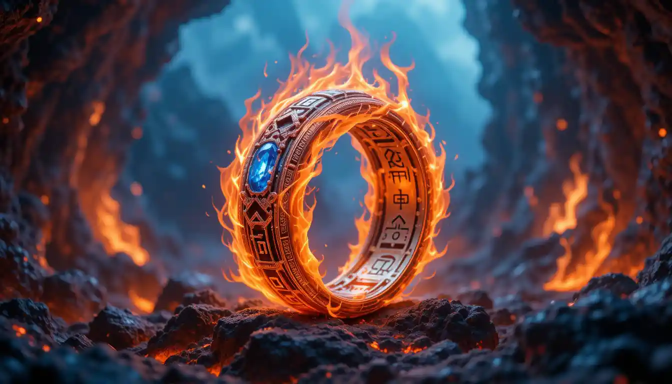 Fiery rune ring with blue topaz in lava cave