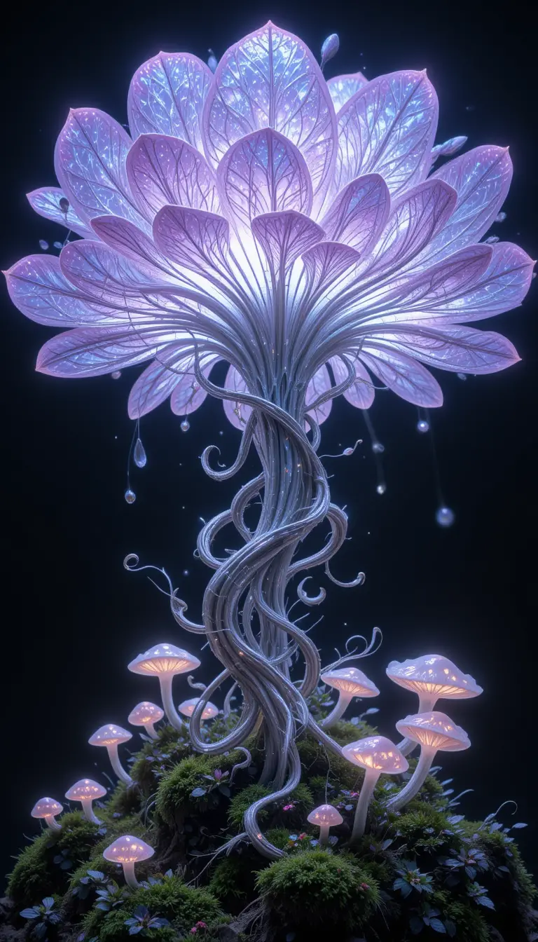 Pianta aliena bioluminescente con petali cristallini luminosi