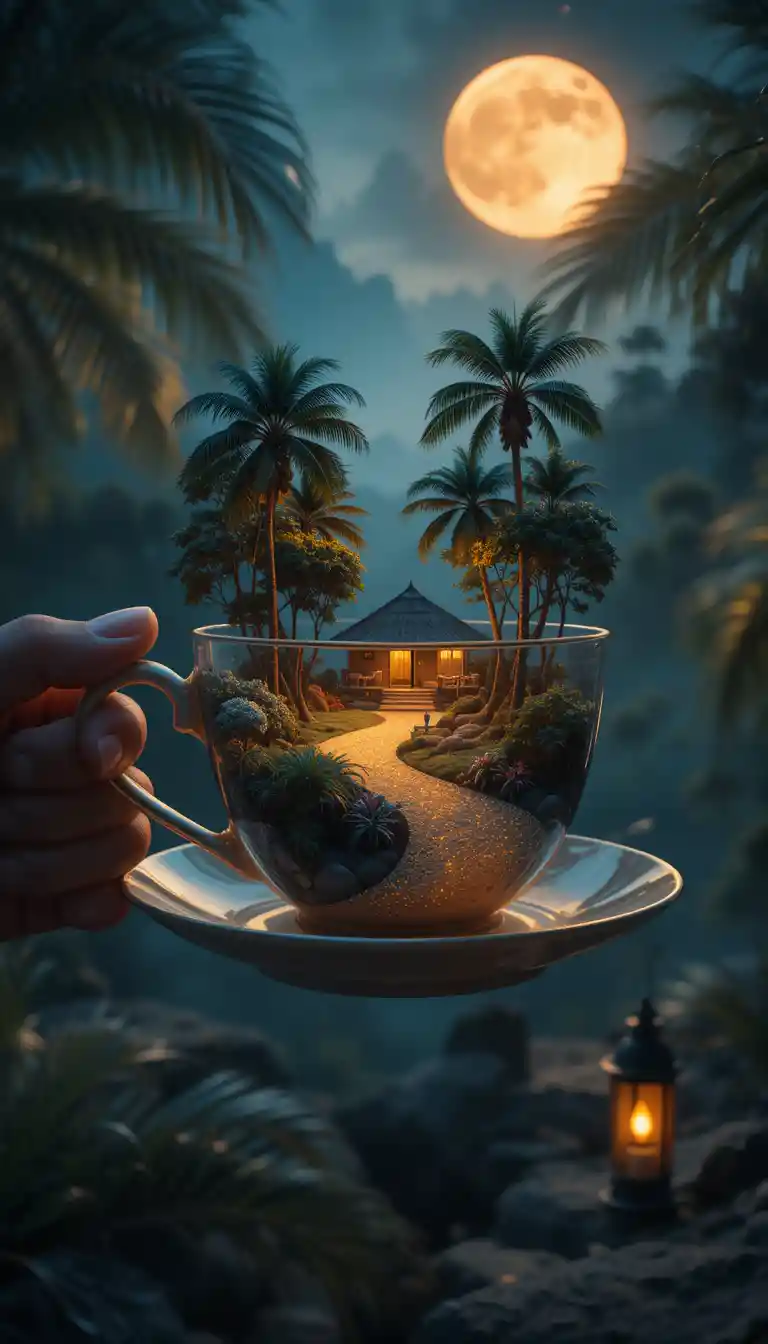 Surreal Teacup Holding A Moonlit Summer Patio Landscape