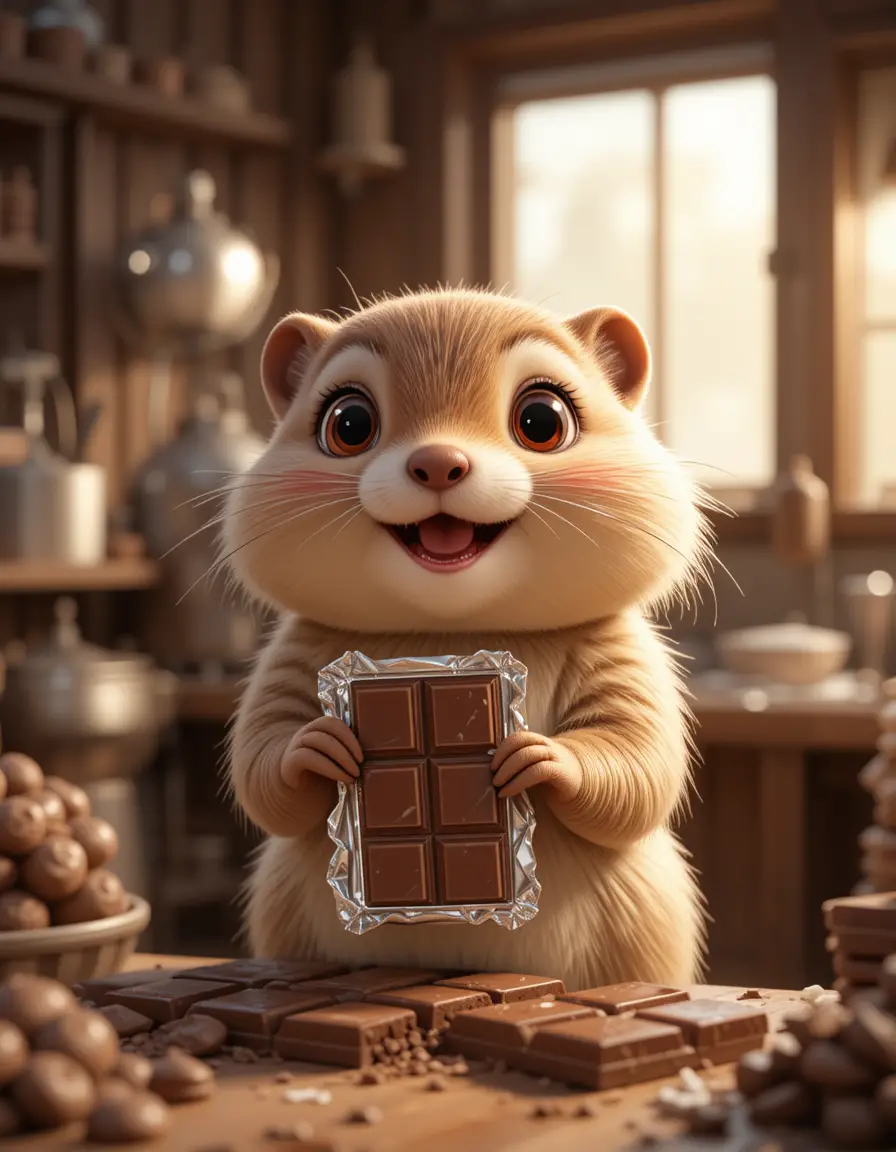 Cute 3D marmot wrapping chocolate bars in factory