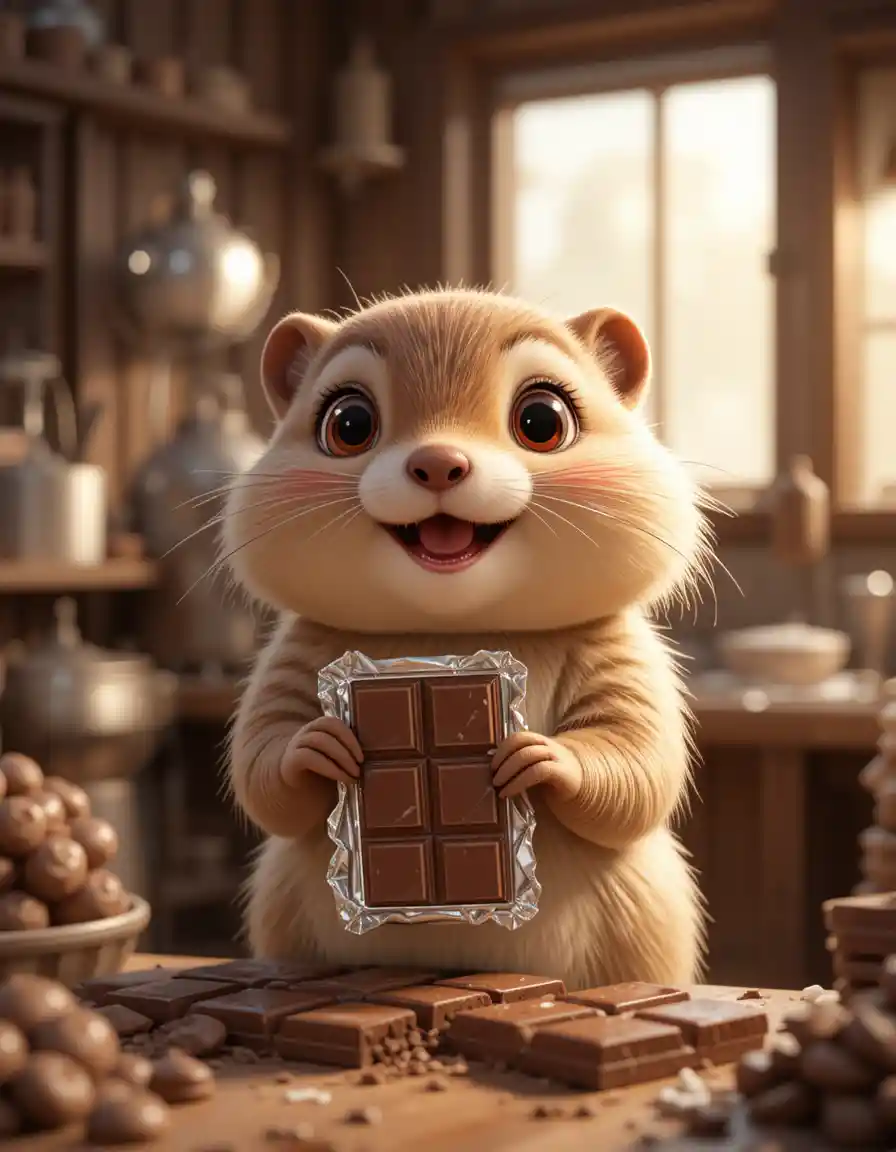 Fofo marmota 3D embalando barras de chocolate na fábrica