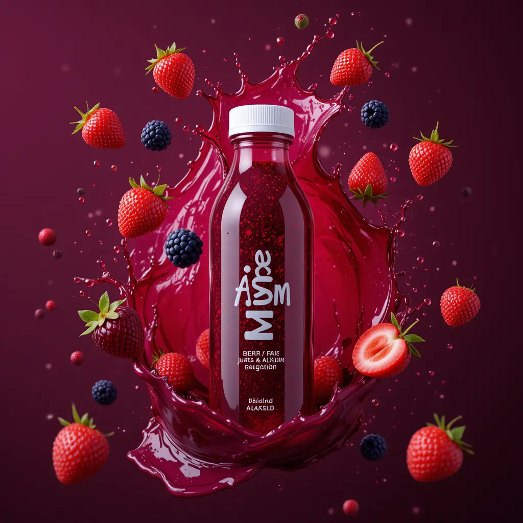 Vibrant berry juice bottle with splashing fruit from above