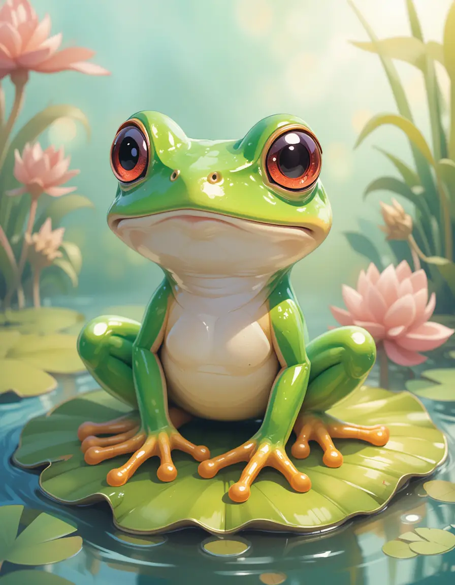 Colorful anime frog resting on a lily pad