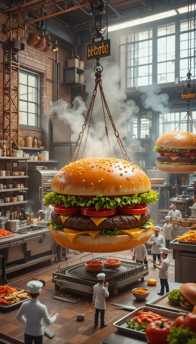 Playful industrial kitchen with giant hamburgers and tiny chefs