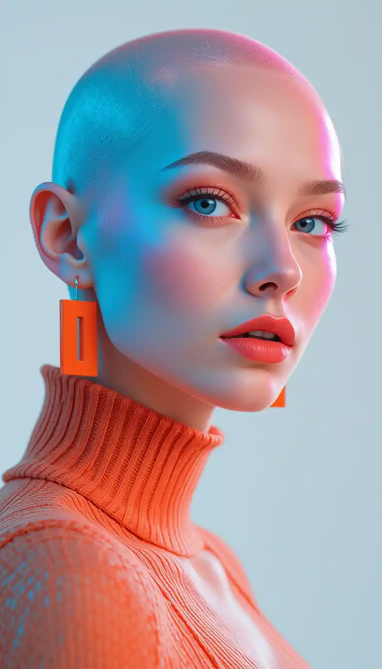 Bald fashion model in orange dress with white features