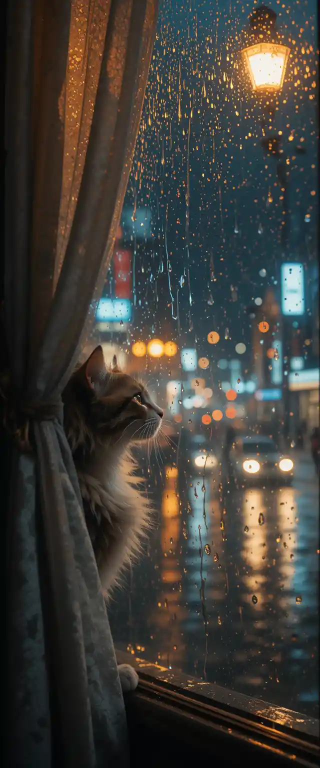Cat Outside Rainy Window With City Lights At Night