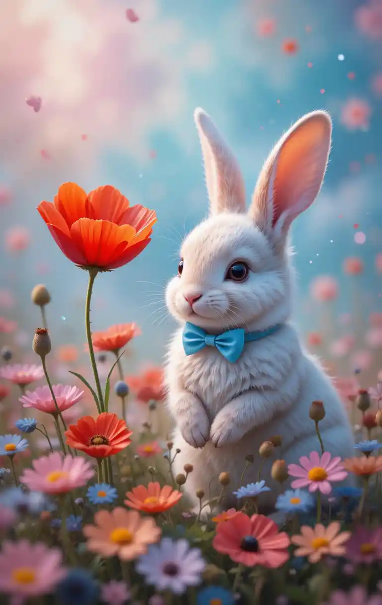 Cute rabbit in a dreamy wildflower field illustration