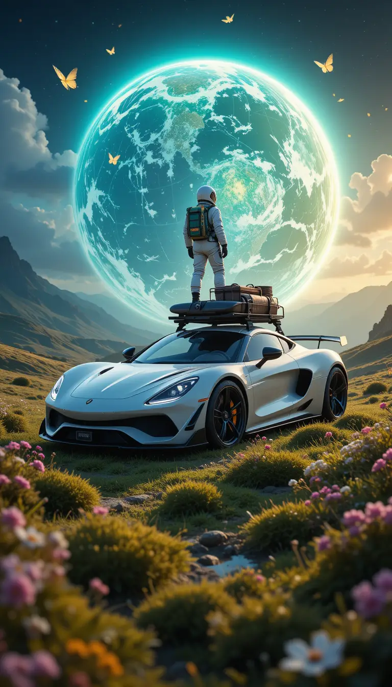 Astronaut On Race Car Under Glowing Earth In Nature