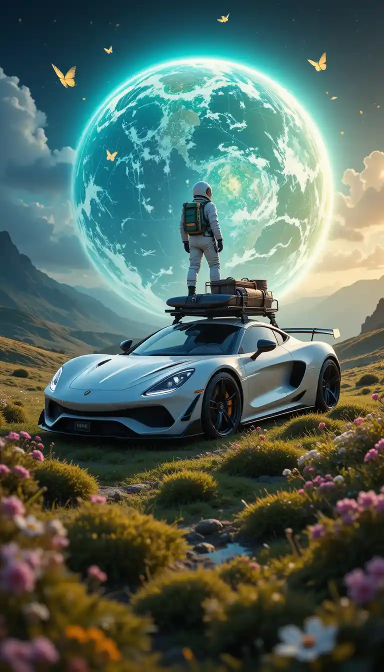 Astronaut On Race Car Under Glowing Earth In Nature