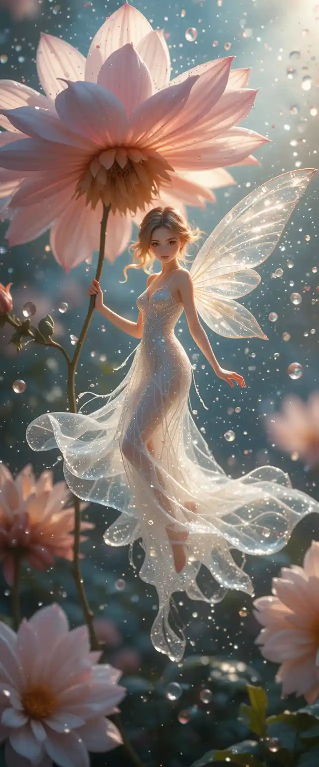 Close up water drops on glass with ethereal water woman