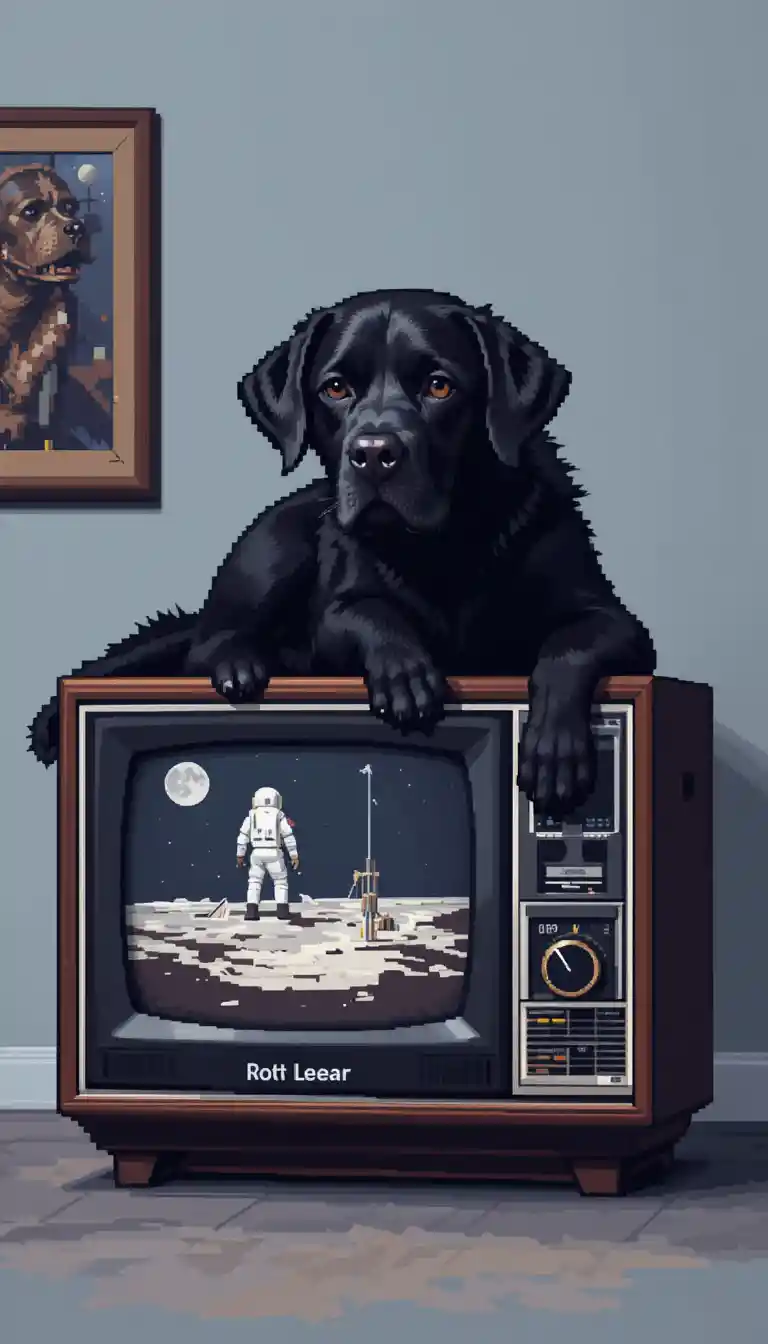 Pixel art labrador resting on vintage color television