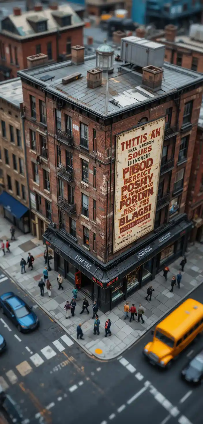 Old brick city building with faded wall advertisement