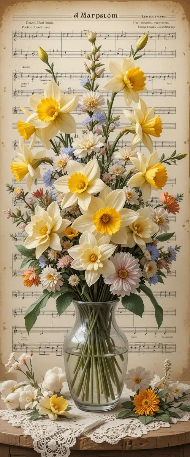 Vintage floral still life with daffodils and sheet music