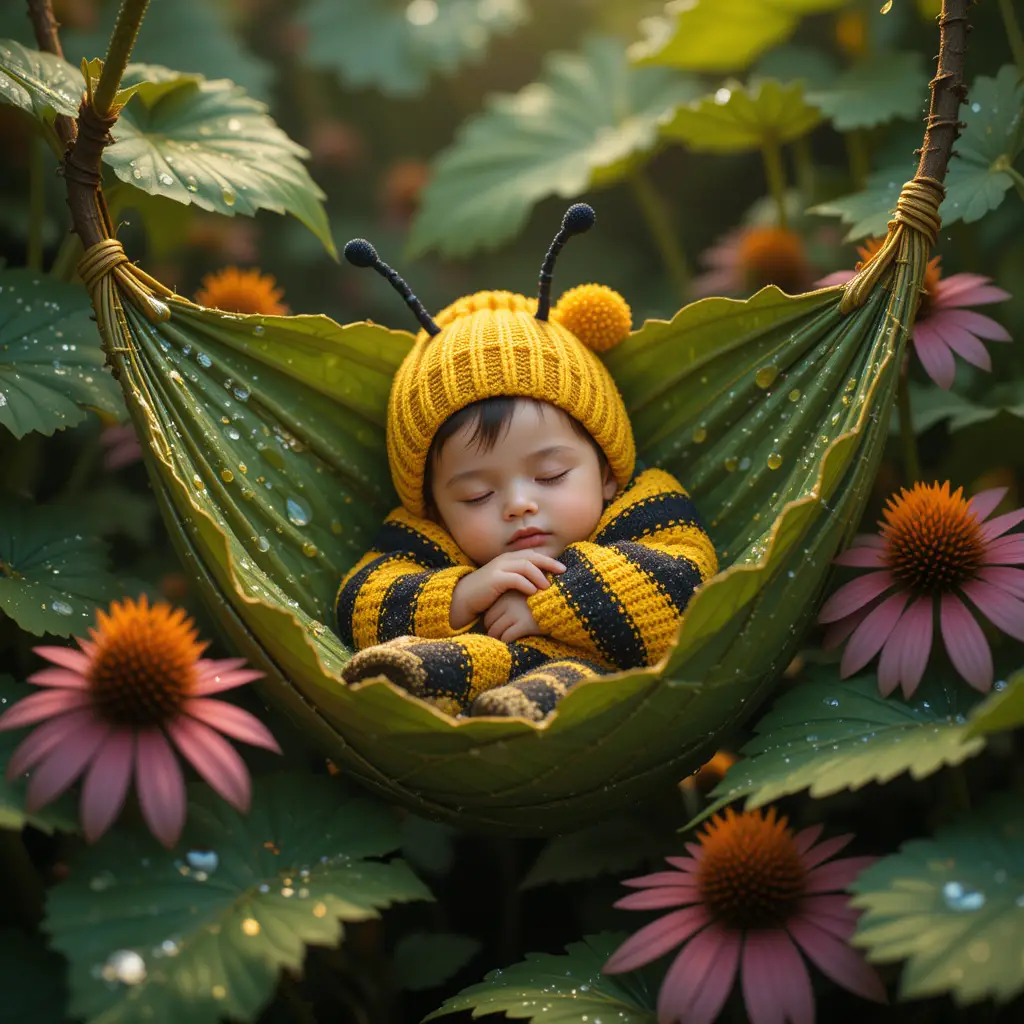 Sleeping child in leaf hammock among dewy flowers