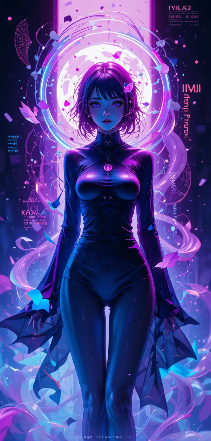 Anime woman in neon abstract digital energy background