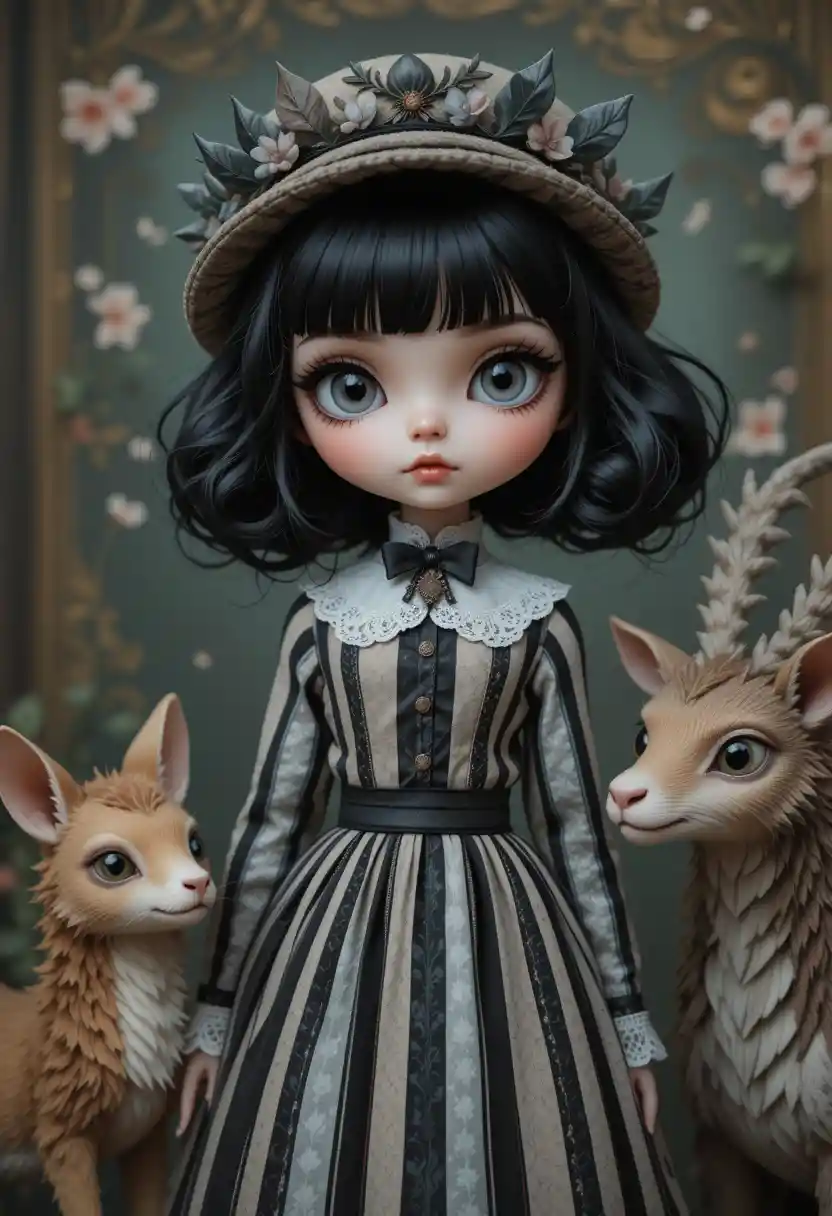 Big eyed gothic girl in striped vintage dress with fantasy pets