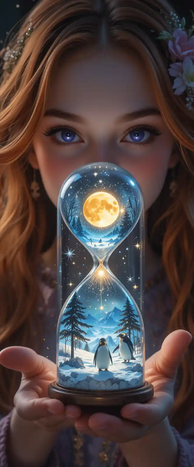 Magic girl portrait holding a glowing glass hourglass