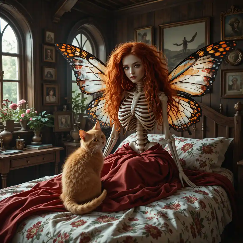 Fantasy skeleton woman flying above rustic wooden bed