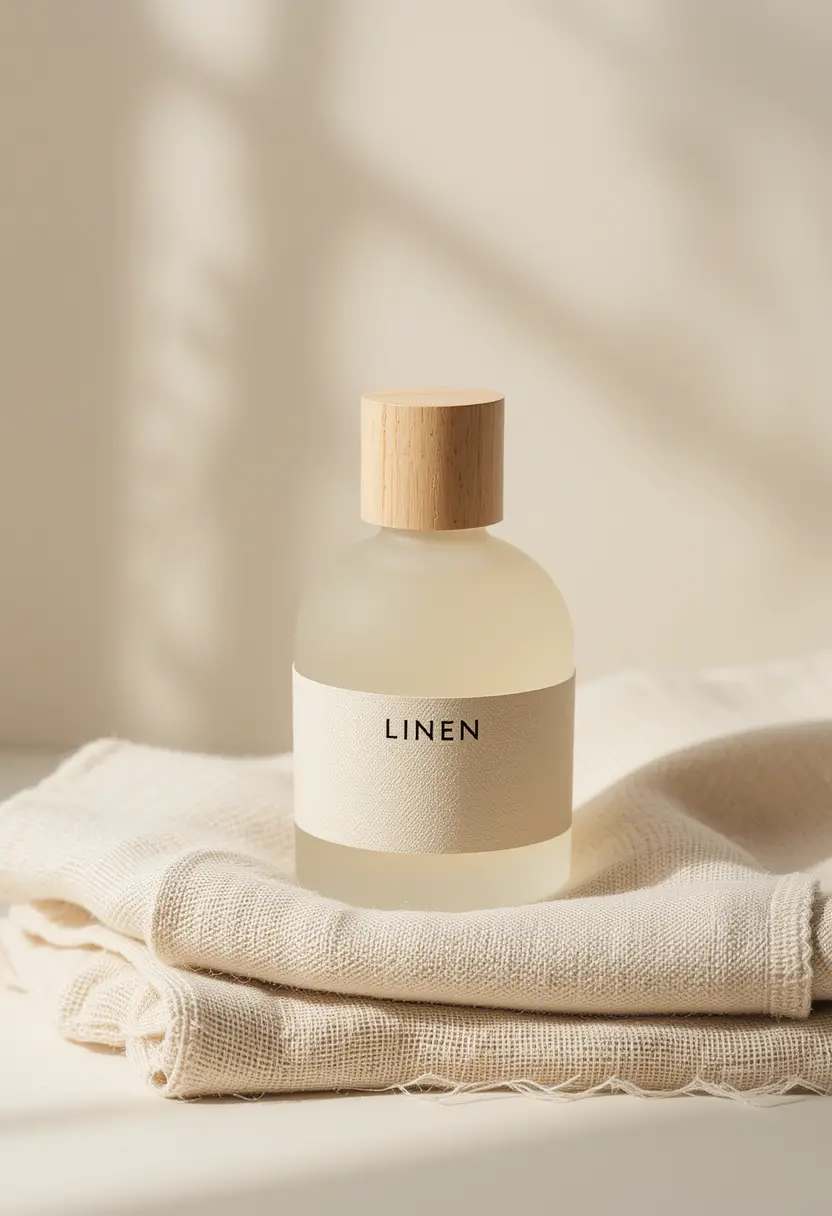 Minimalistische Parfümflasche auf weichem naturfarbenem Leinenstoff