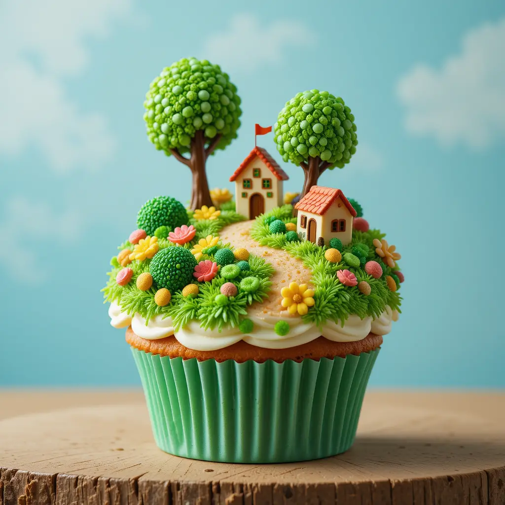 Whimsical candy village on a frosted cupcake