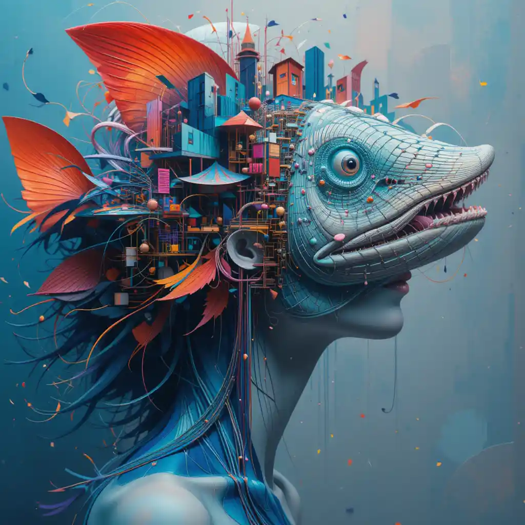 Surreal biomorphic portrait of a woman with marine forms