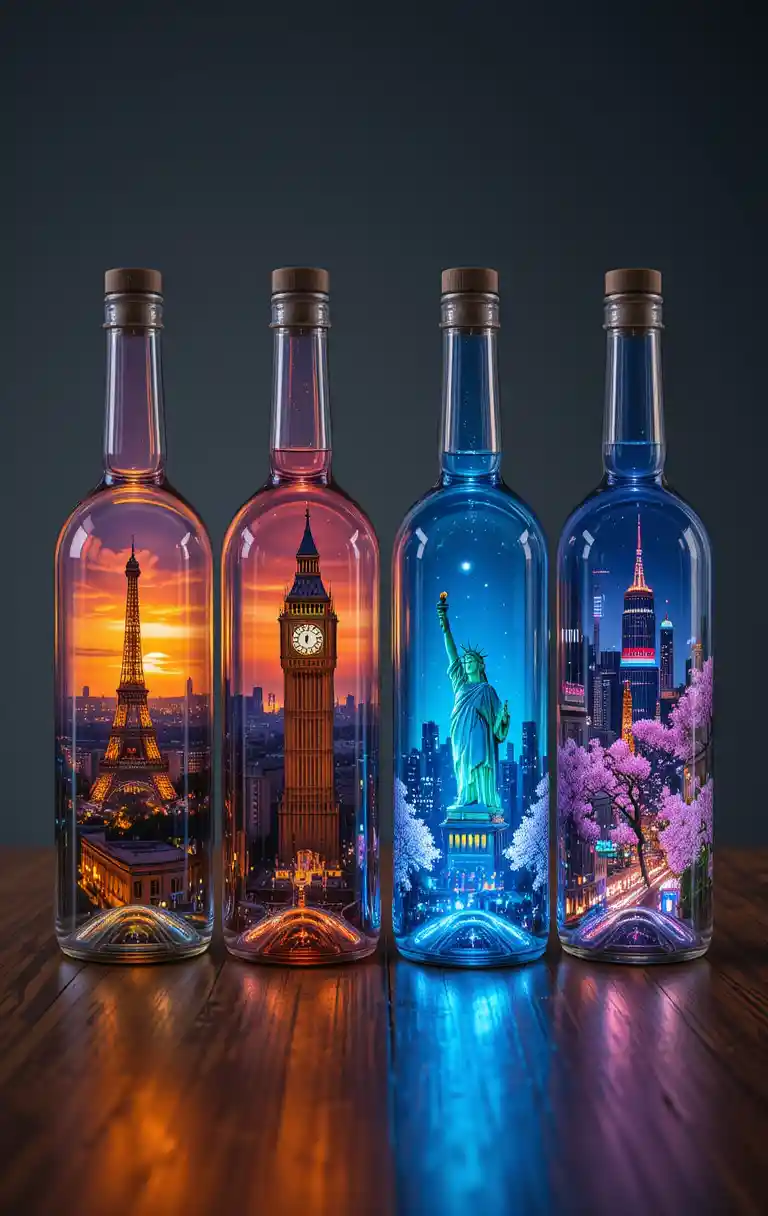 Four cityscapes captured inside transparent glass bottles