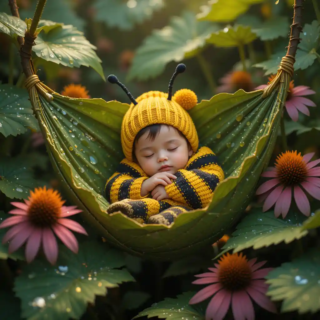 Sleeping child in leaf hammock among dewy flowers