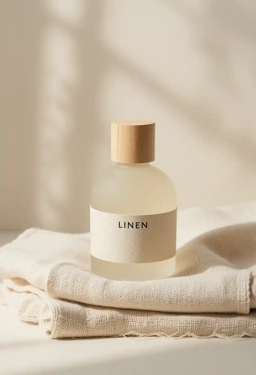 Minimalist perfume bottle on soft natural linen fabric