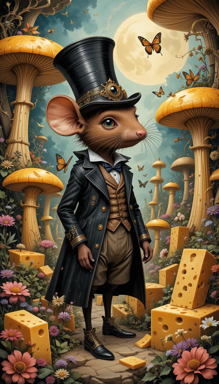 Whimsical mouse in a surreal cheese fantasy world