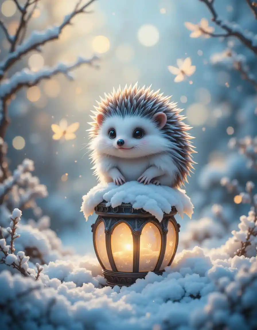 Whimsical Winter Hedgehog On A Glowing Snowy Lantern